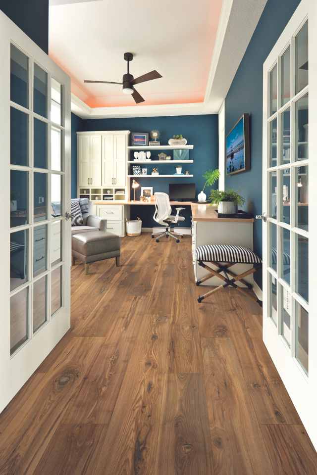 dark hardwood look laminate in blue modern home office